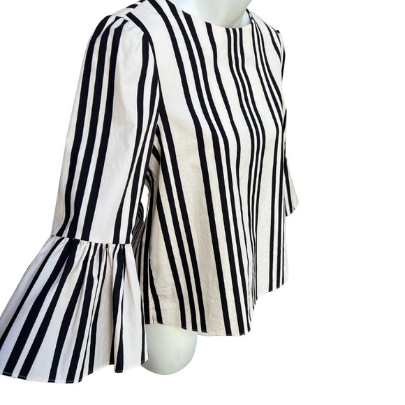 Alice + Olivia Vertical Stripe Blouse Bell Sleeve Back Zip Black & White XS - Picture 2 of 11